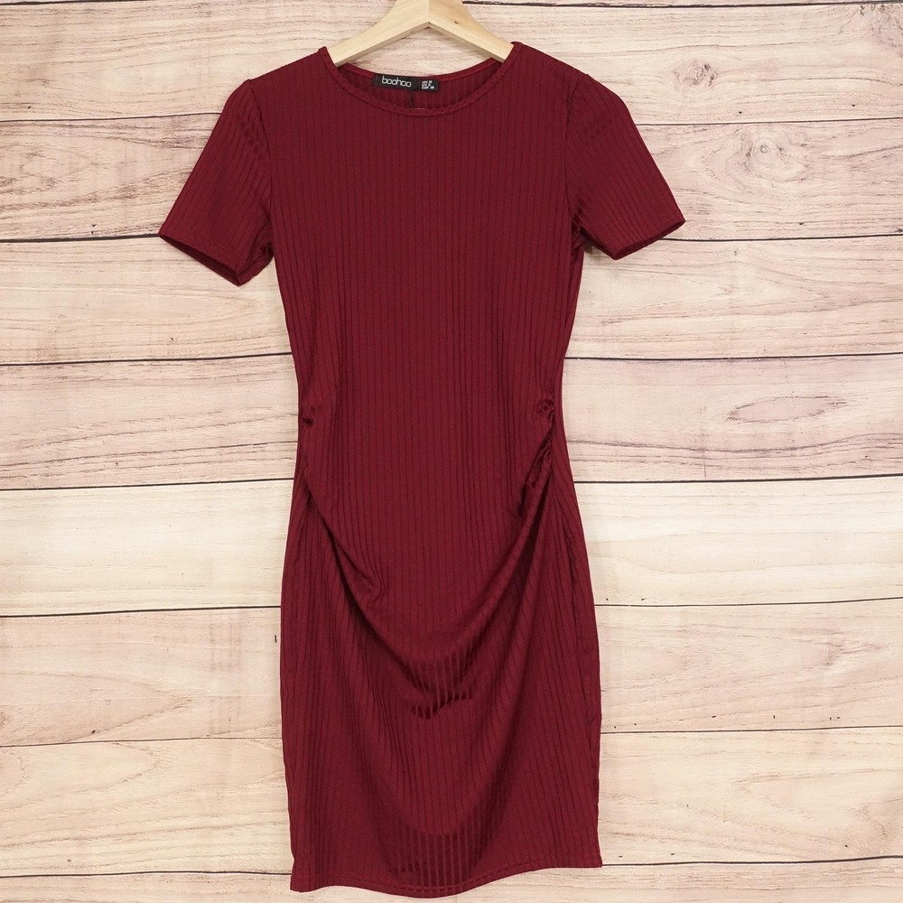 Boohoo Dress Womens 6 Red Ribbed Bodycon‎ T-Shirt Short Sleeve Knit Casual